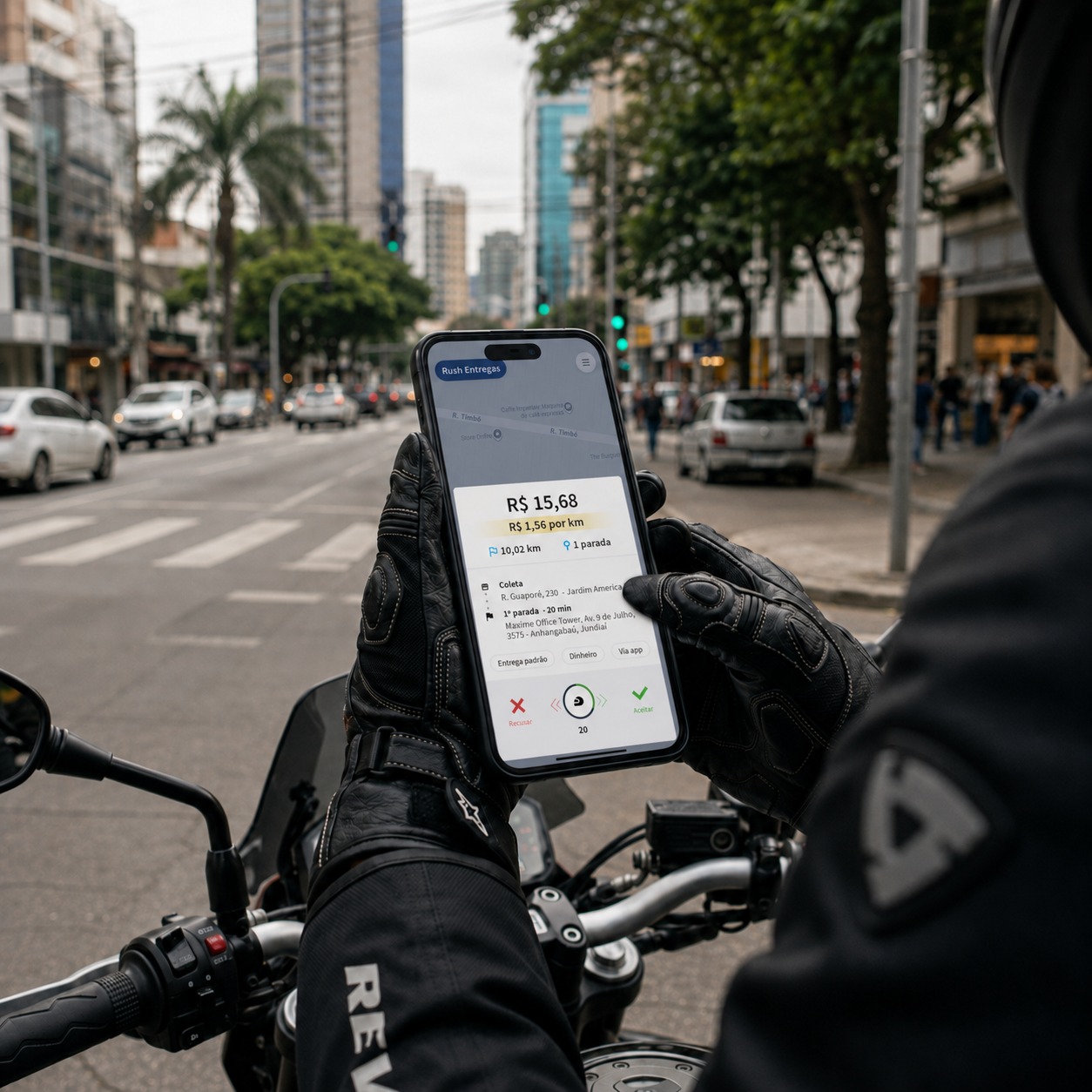 Entregador parceiro Rush consultando smartphone